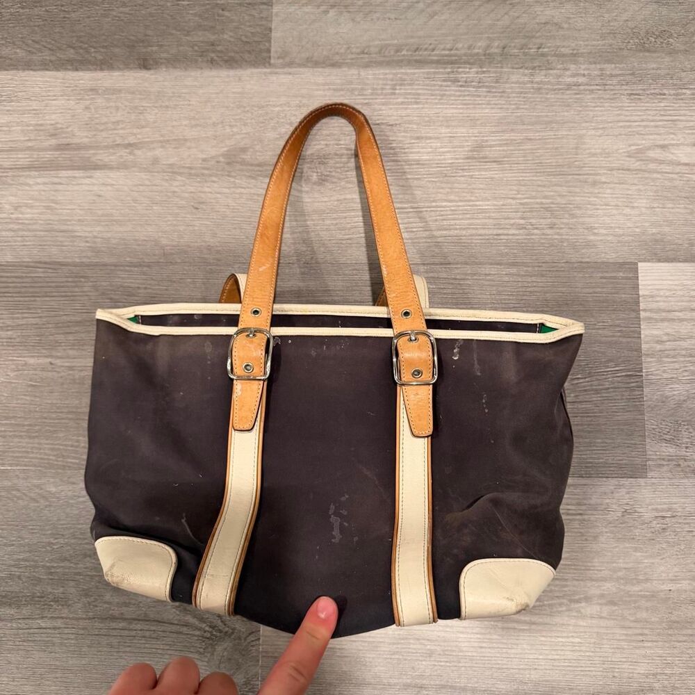 COACH Canvas Leather Stripe Tote Bag Authentic Women's Large Handbag